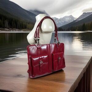 Franklin Covey Leather Red Tote Laptop Satchel Handbag Pockets Dual Handle, Feet